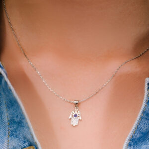 שרשרת חמסה מכסף משובצת זרקון כחול וזירקונים