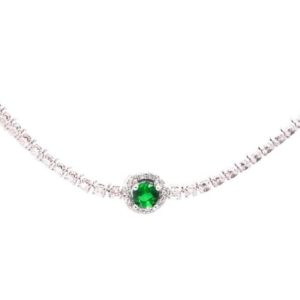 צ'וקר טניס מכסף משובץ בזירקונים עם אלמנט עגול בצבע ירוק